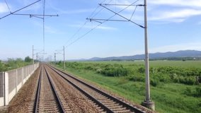 Accelerations of train. Railway train trip in Slovakia, Europe. Time-lapse video. 