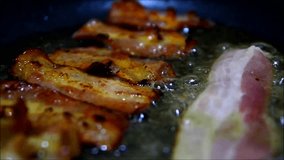 Close up video of fried bacon in a pan