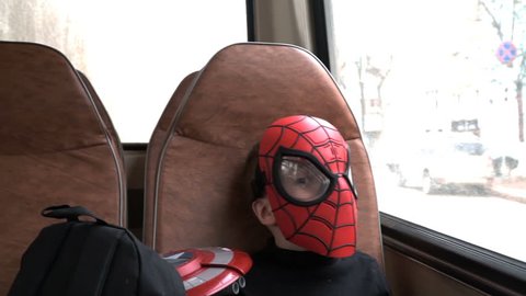 Samara, Russia - April 10,2018 ; The boy in Spiderman mask.Spiderman is a popular charactel Marvel.
