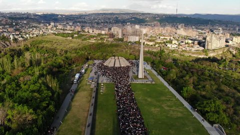 Aerial view of the people commemorating the Armenian genocide at Tsitsernakaberd Genocide Memorial site in Yerevan, Armenia