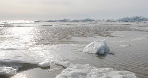 early spring and thaw at sea and the movement of water against the background of snow and ice