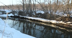 spring and the river flow along the snowy banks