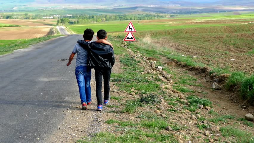 Two friends are walking along the road