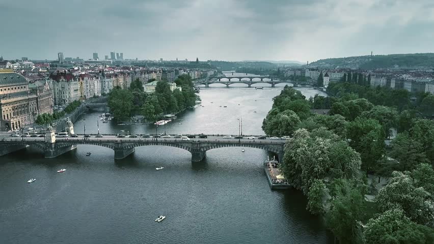 Aerial shot of bridges in Prague across the Vltava river, the Czech Republic