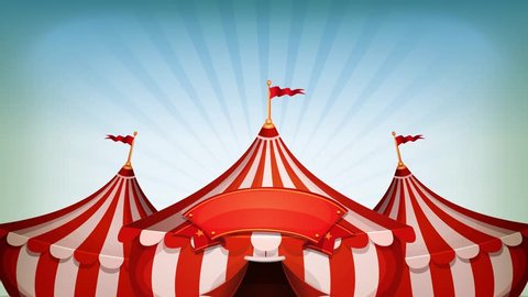 Big Top Circus Background Loop/
Animated loop of cartoon white and red big top circus tents, on blue sky background with blank banner and elegant ease and scale effect 