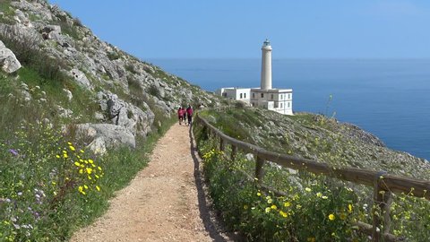 Italy, Otranto, 25 April 2018, Punta Palascia lighthouse. Tourists visiting.
