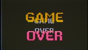 VHS distorted signal, text messages appearing with an echo trail while playing a classical videogame: game over, insert coin, press fire, get ready. Old school style.
 - Powered by Shutterstock - Get 15% off with code: PIKWIZARD15
