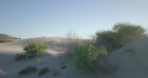 Slow low altitude forward walking POV aerial video of shrubs behind small sand dune hill in Patara, Turkey. 4k at 23.97fps