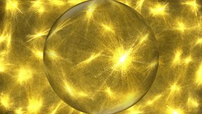 Golden magic ball on golden background. Decorative video background. Sphere with yellow reflections turning left and right