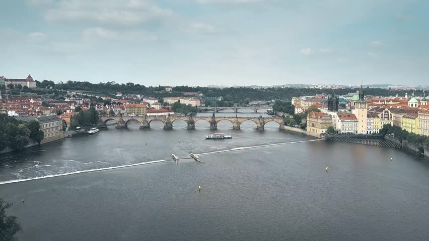 Aerial view of major landmark in Prague - the Charles Bridge across the Vltava river, the Czech Republic