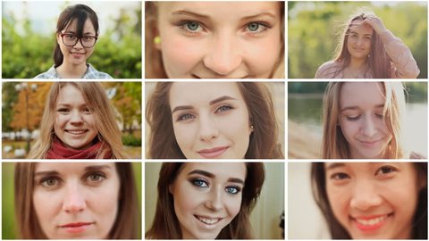 Collage of nine young beautiful international girls of Russian and Asian appearance