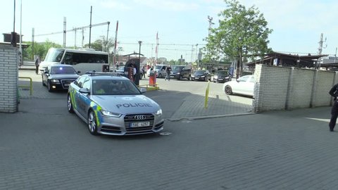 BRNO CZECH REPUBLIC, MAY 2, 2018: Luxury cars Skoda and Audi Prime Minister Andrej Babis, Vice-Chairman Richard Brabec, Alena Schillerova and others drive depart from the Brno Main Train Station