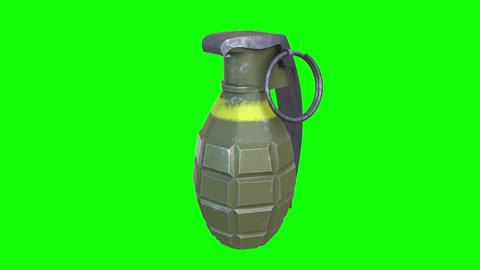 Hand bomb frag grenade green metal with scratches and round pin over. Available in 4K FullHD video render footage