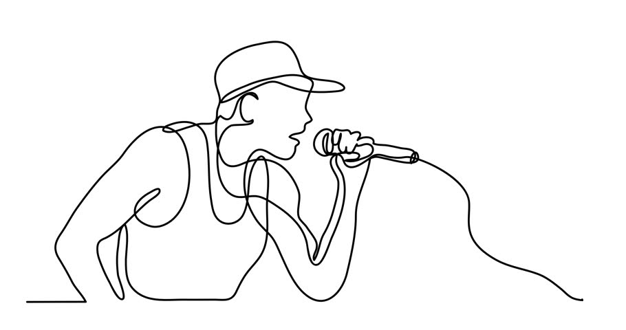 Self drawing animation of continuous line drawing of singer with microphone