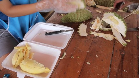 Fruit seller to durian peeling. Most popular fruit in summer season of Thailand