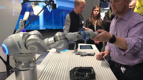 Hannover, Germany - April, 2018: Festo presenting bionic workplace on Messe fair in Hannover, Germany