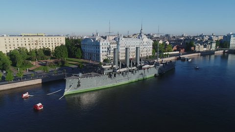 Aerial view on the cruiser Aurora on Neva river, center of Saint-Petersburg. View on Neva river, bridges and center of the city.