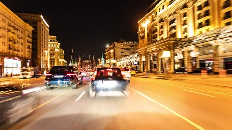 Timelaps of the night city. The traffic on the roads of Moscow at night is a first-person view.