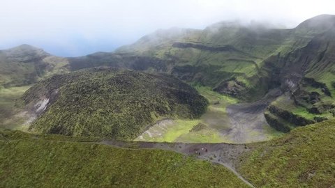 Active Volcano Cater at the peek of 4000ft La Soufriere in Saint Vincent and the Grenadines: Aerial drone View - 6 May 2018