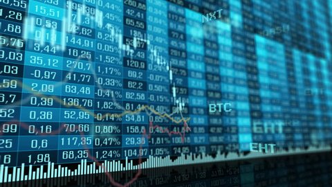 Table and bar graph of cryptocurrency stock exchange market indices animation 4k seamless looping video background. Abstract currency rate chart looped animated blue backdrop.