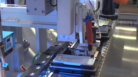Hannover, Germany - April, 2018: Automatic Bozhon electronics assembly line on Messe fair in Hannover, Germany