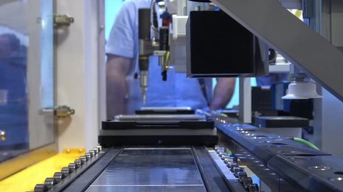 Hannover, Germany - April, 2018: Automatic Bozhon electronics assembly line on Messe fair in Hannover, Germany