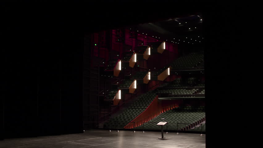 Empty theatre with camera zooming upwards from stage to the top of theatre. Royalty-Free Stock Footage #1010712512
