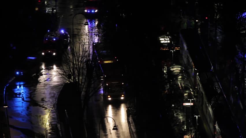 COLOGNE, GERMANY - MARCH 15, 2018 - aerial view - Collision of two trams - rescue team in action