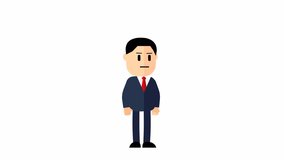 Cartoon businessman. Question marks over the head man in a business suit. footage,