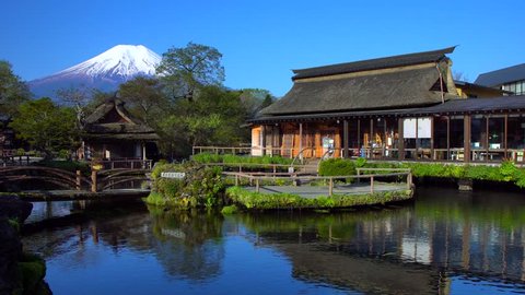 Traditional Japanese style house and mt.fuji at Oshino hakkai in Japan