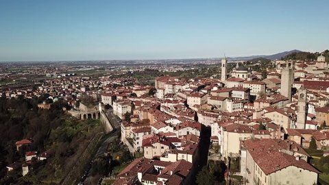 Drone aerial view of Bergamo, Italy. The Old city. Landscape on the city center, the old fortress and its historical buildings