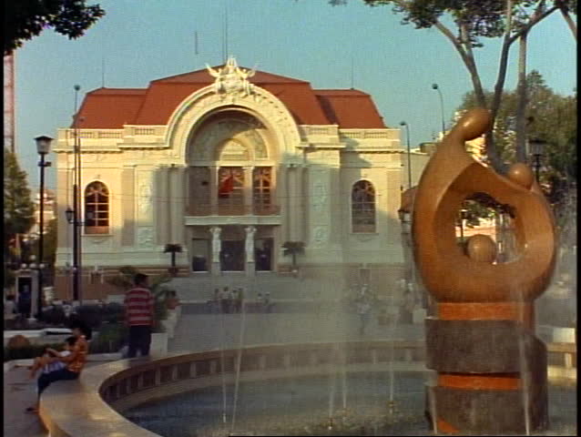 VIETNAM, 1999, Ho Chi Minh City, Municipal Theatre with fountain, medium wide shot