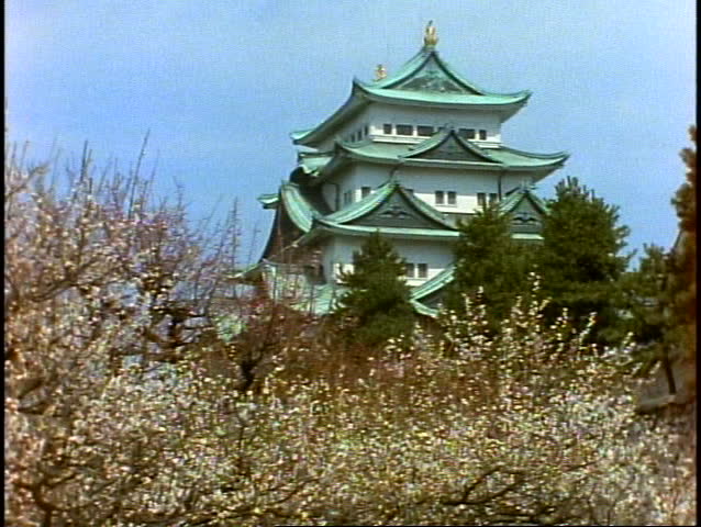 JAPAN, 1999, Nagoya Castle, cherry blossoms, medium shot