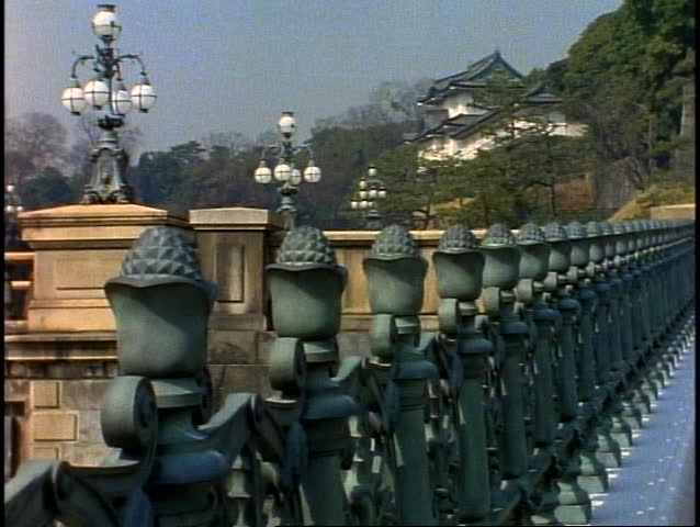 JAPAN, 1999, Tokyo, The Imperial Palace, fence spires in foreground, tilt up