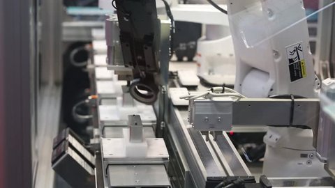 Hannover, Germany - April, 2018: Yamaha advanced robotics automation platform with automatic robot arm integrated control inspection on Messe fair in Hannover, Germany