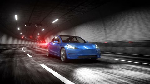 Modern Electric car rides trough tunnel animation 