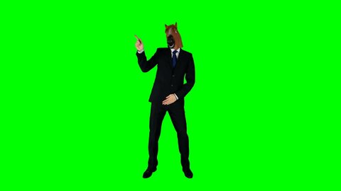 Hilarious Businessman Dancing Ridiculous Fooling Around Horse Mask Green Screen