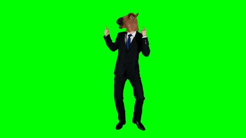 Hilarious Businessman Dancing Ridiculous Fooling Around Horse Mask Green Screen