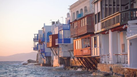 
Picturesque houses of Little Venice in Mykonos Island at sundown, Cyclades, Greece