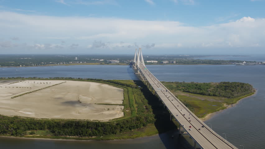 South Carolina Charleston Aerial v68 Panning over Arthur Ravenel Jr bridge 10/17