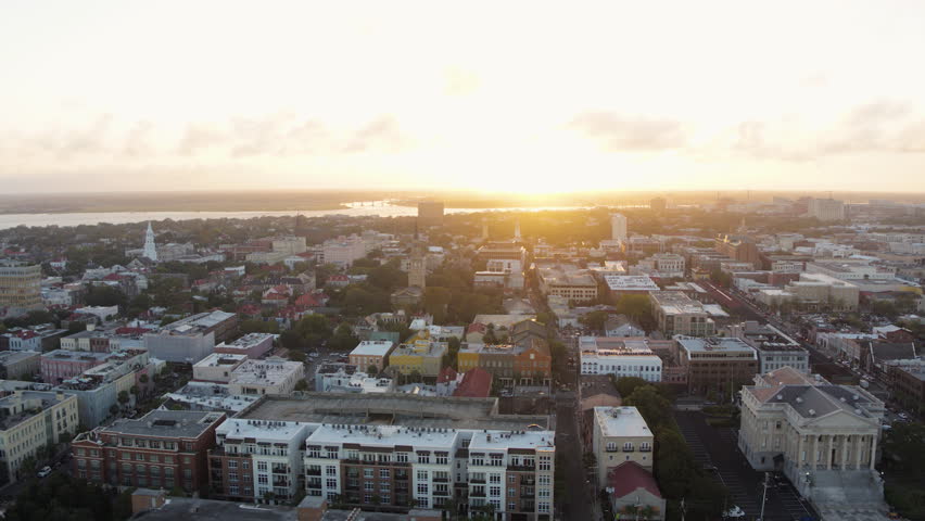 South Carolina Charleston Aerial v135 Cityscape view flying in reverse over French Quarter and river 10/17