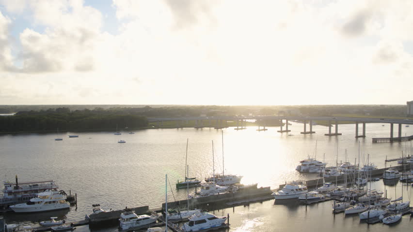 South Carolina Charleston Aerial v122 Panning around marina and expressway 10/17