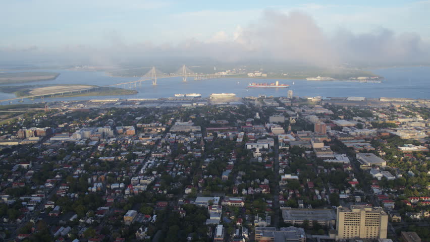 South Carolina Charleston Aerial v125 Slow panning view of cityscape 10/17