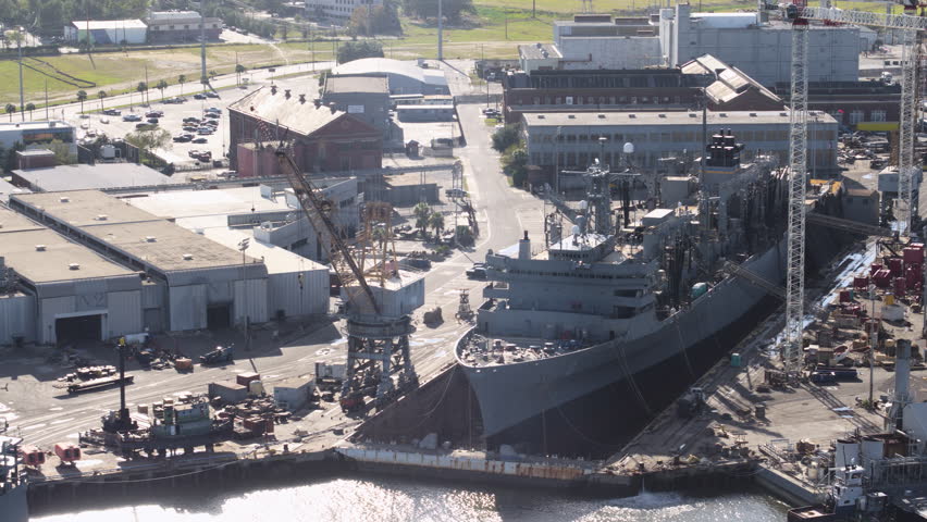 South Carolina Charleston Aerial v95 Birdseye view of shipyard and landscape in backdrop 10/17