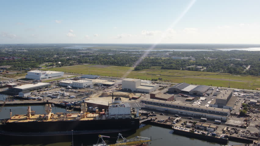 South Carolina Charleston Aerial v81 Panning around shipyard 10/17