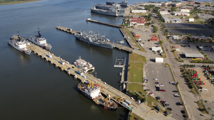South Carolina Charleston Aerial v79 View of shipyard flying backwards panning 10/17