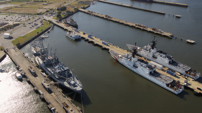 South Carolina Charleston Aerial v78 Birdseye view of shipyard panning 10/17