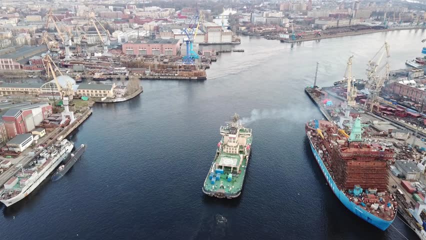 The icebreaker St. Petersburg leaves the city on the Neva. 5th Icebreakers Festival April 30, 2018