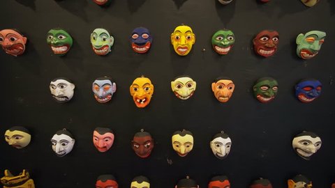 ADURANGODA. SRI LANKA - DEC 2016: Souvenir magnets for sale at the gift shop in the Ariyapala Mask Museum. Ultra HD 4k video