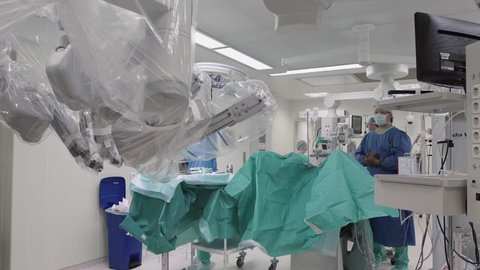 Operating room, medical surgical robot, cancerous tumor removal surgery. Modern medical equipment. Minimally Invasive Robotic Surgery